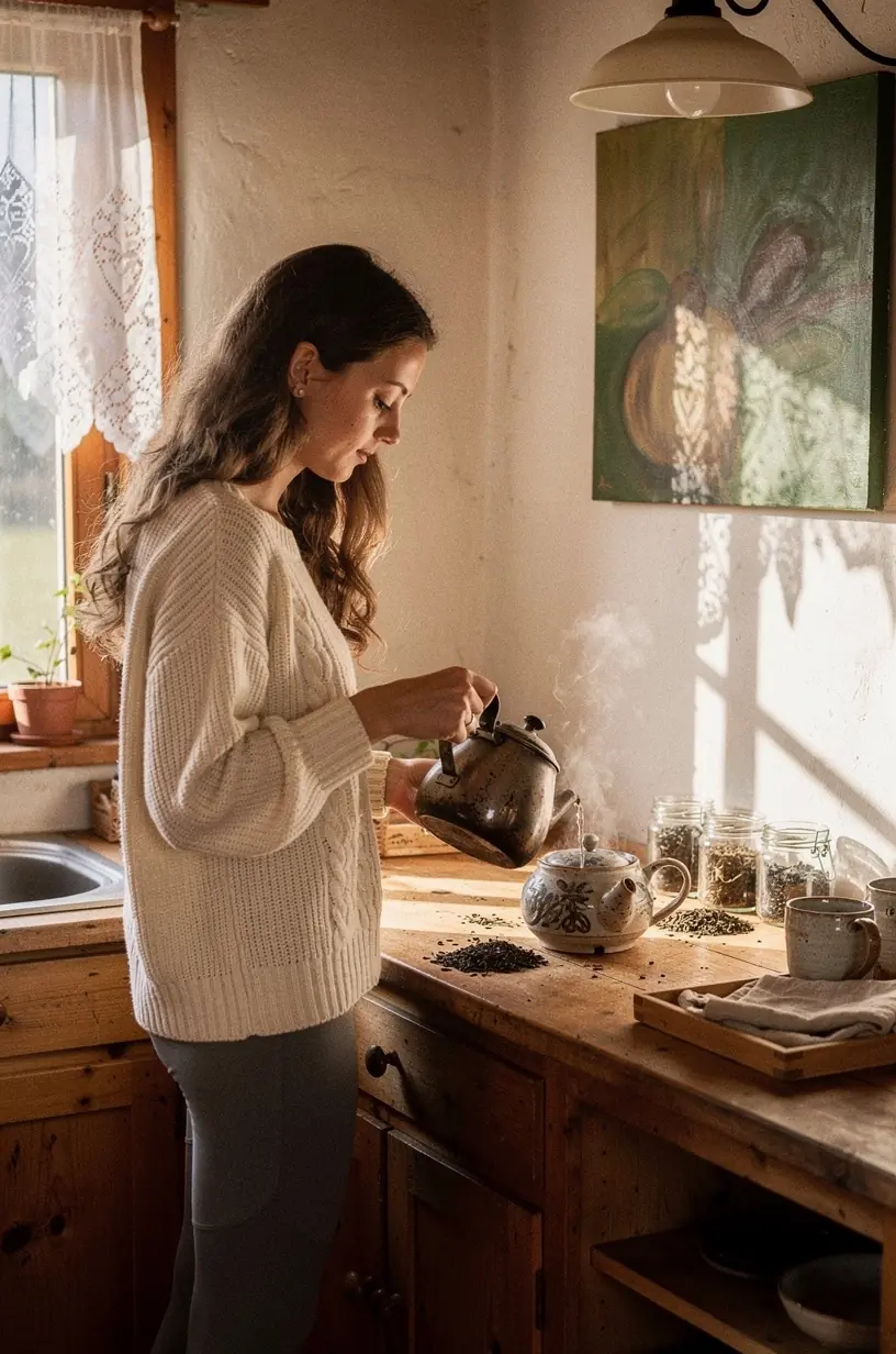 Šiltas arbatos puodelis ant medinio stalo, simbolizuojantis kasdienį atsipalaidavimo ritualą.